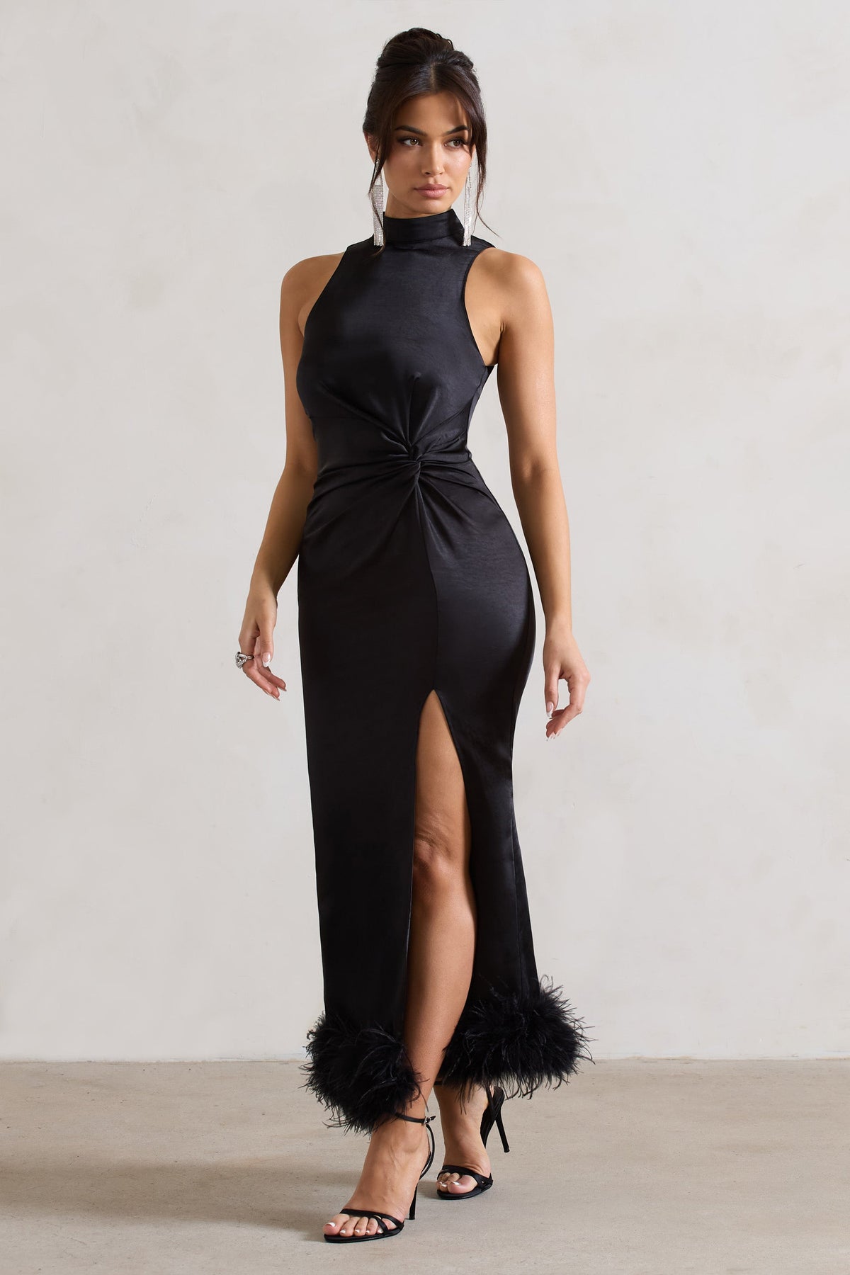 Zoe | Black Satin Twist Split Maxi Dress With Feather Trim