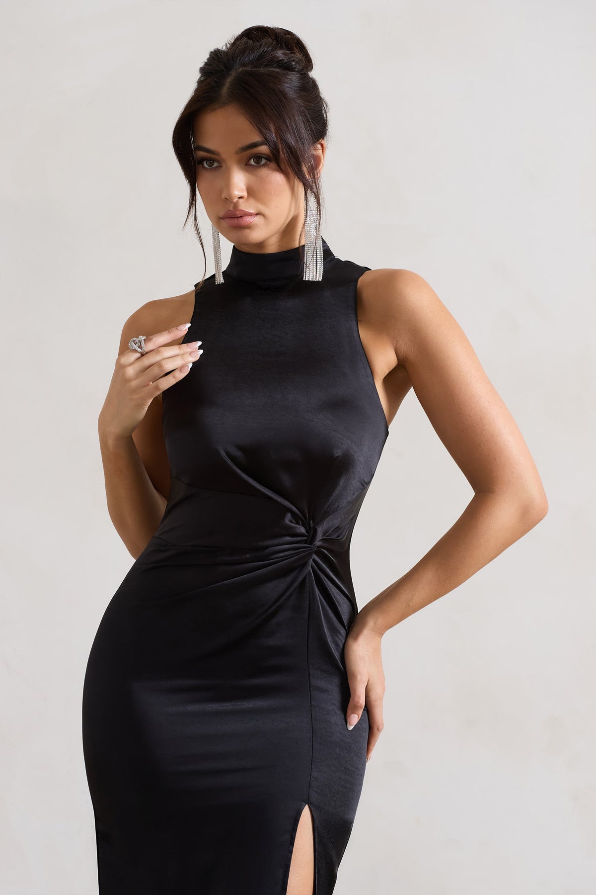 Zoe Black Satin Twist Split Maxi Dress With Feather Trim Club L London - USA Zoe Black Satin Twist Split Maxi Dress With Feather Trim Club L London - USA
