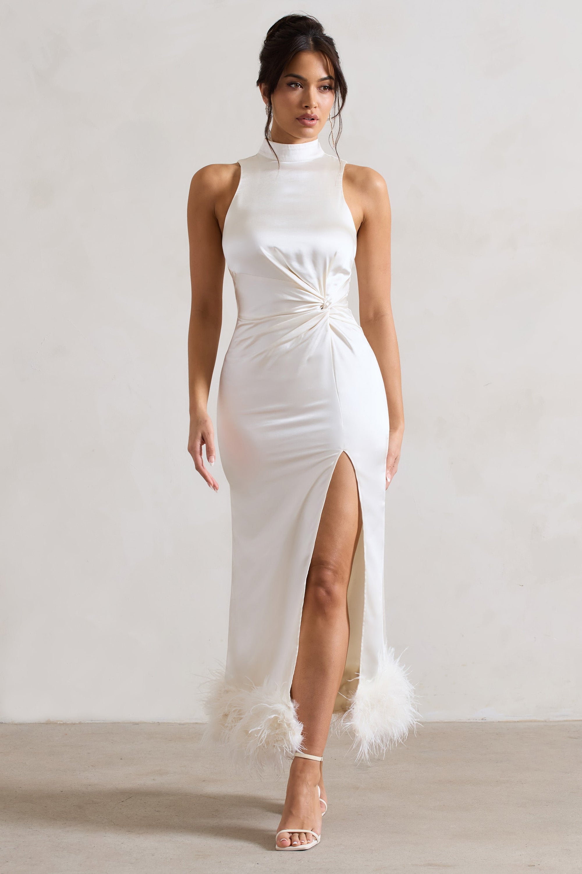 Zoe | Cream Satin Twist Split Maxi Dress With Feather Trim - Club L London - USA