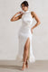 Zoe | Cream Satin Twist Split Maxi Dress With Feather Trim - Club L London - USA