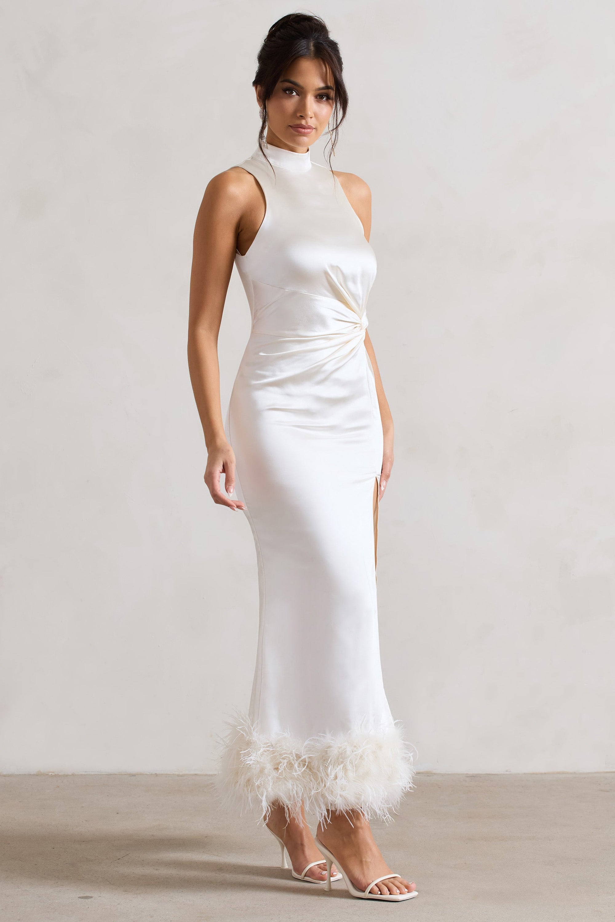 Zoe | Cream Satin Twist Split Maxi Dress With Feather Trim - Club L London - USA
