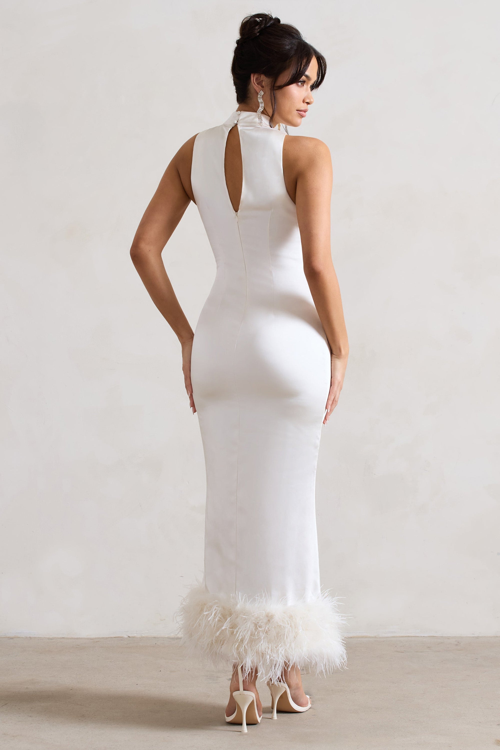 Zoe | Cream Satin Twist Split Maxi Dress With Feather Trim - Club L London - USA
