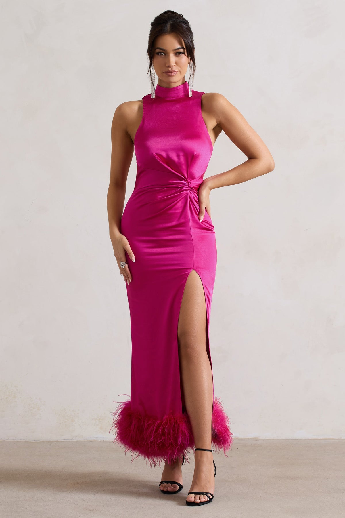 Zoe Dark Pink Satin Twist Split Maxi Dress With Feather Trim Club L London - USA Zoe Dark Pink Satin Twist Split Maxi Dress With Feather Trim Club L London - USA