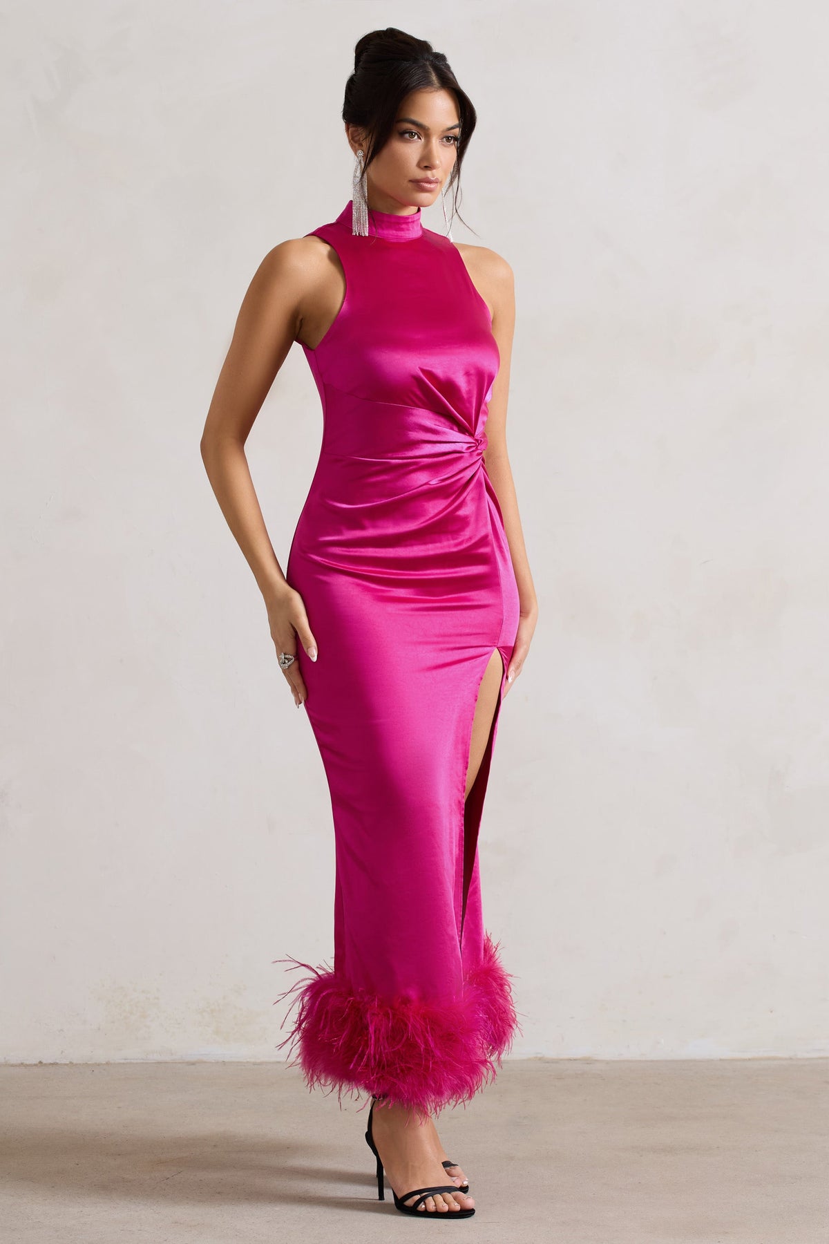 Zoe Dark Pink Satin Twist Split Maxi Dress With Feather Trim