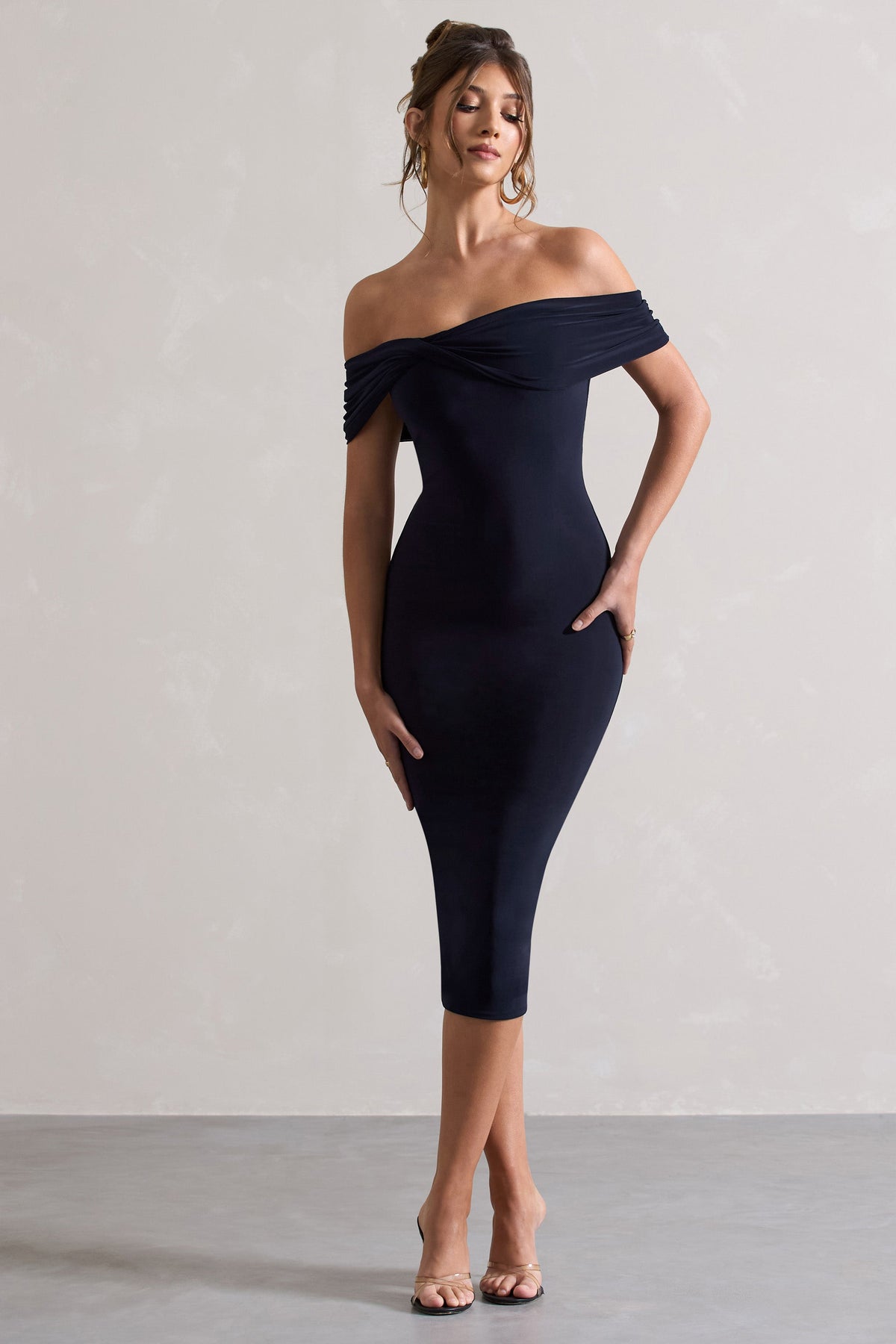 Keely | Navy Bodycon Twisted Bardot Midi Dress