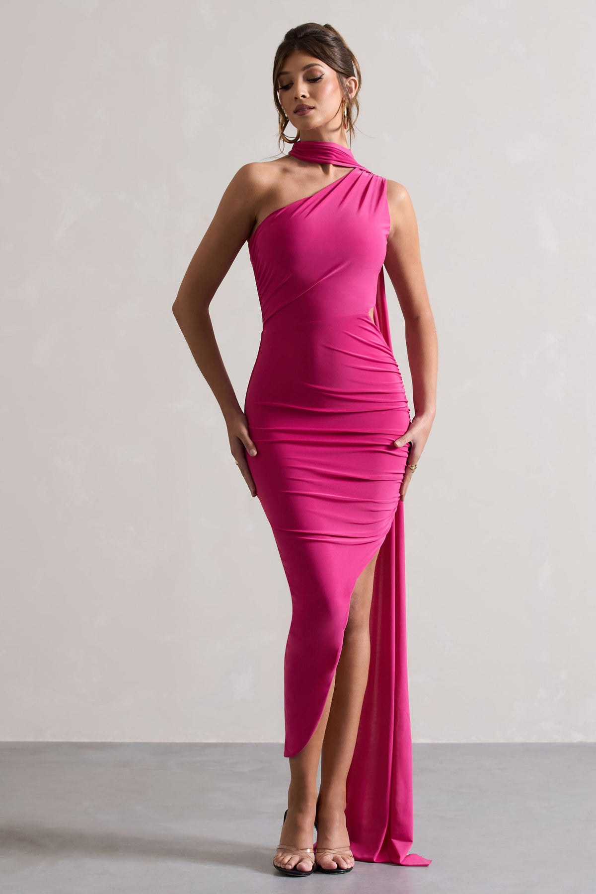 Icon | Dark Pink One Shoulder Cut-Out Maxi Dress With Scarf