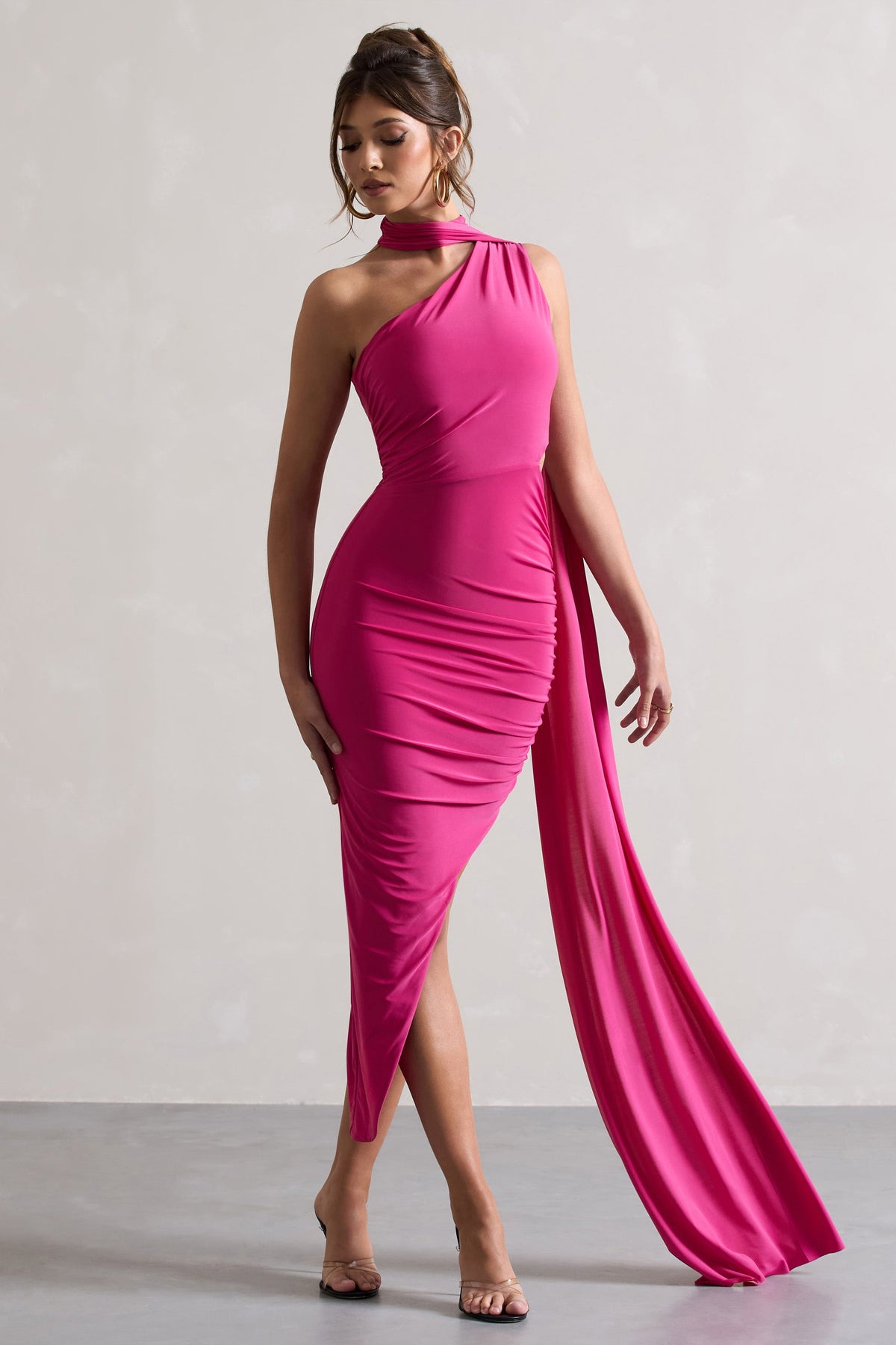 Icon | Dark Pink One Shoulder Cut-Out Maxi Dress With Scarf