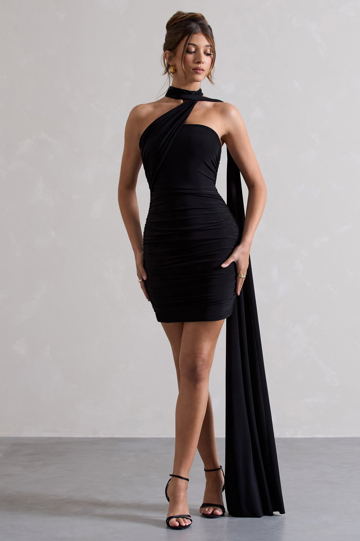 Abel | Black Ruched One Shoulder Mini Dress With Scarf