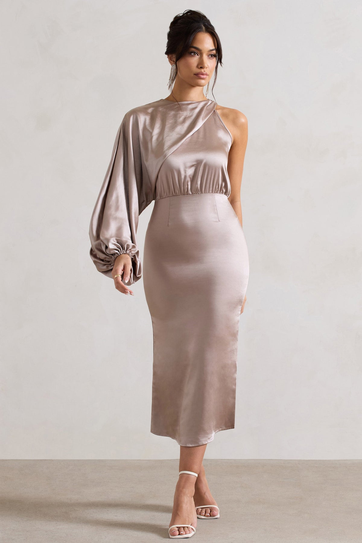 Taupe Silk Satin Midi Dress