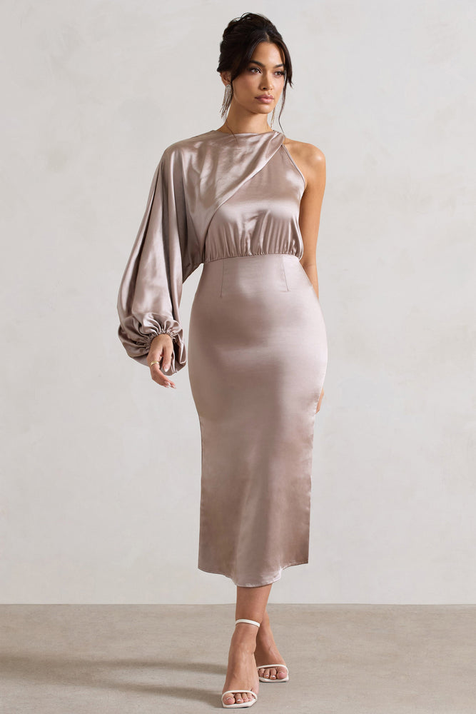 Satin Puff Sleeve Midi Dress Nola Taupe Satin One-Sleeve Midi Dress  Club  L London Chelsea28 Twist Front Puff Sleeve Satin Midi Dress in Green Multi  Enchanted Blooms at Nordstrom Rack, Size