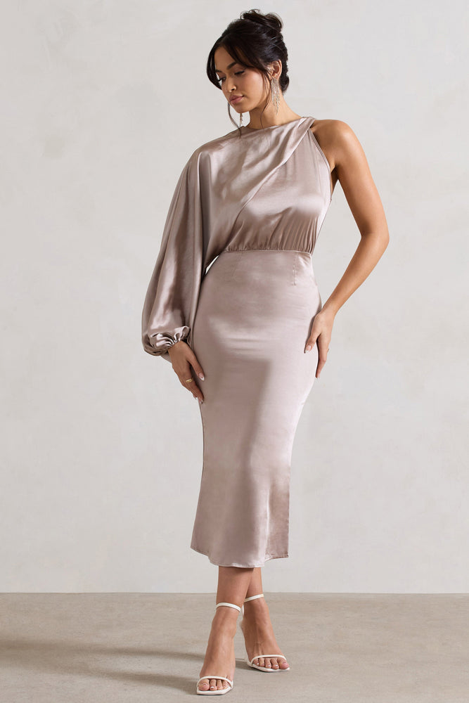 Nola Taupe Satin One-Sleeve Midi Dress – Club L London USA