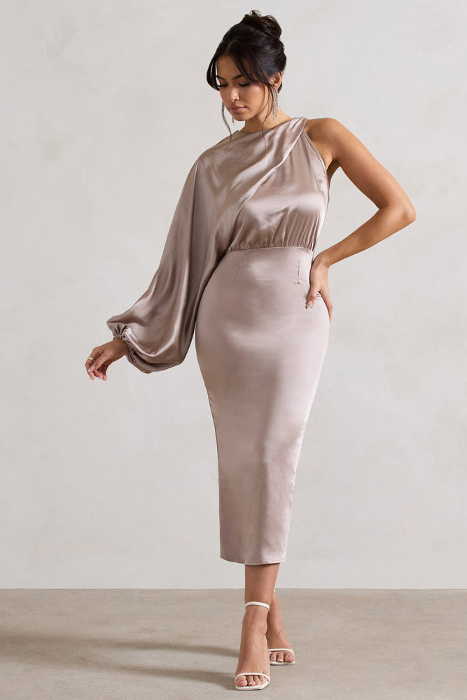 Nola | Taupe Satin One-Sleeve Midi Dress