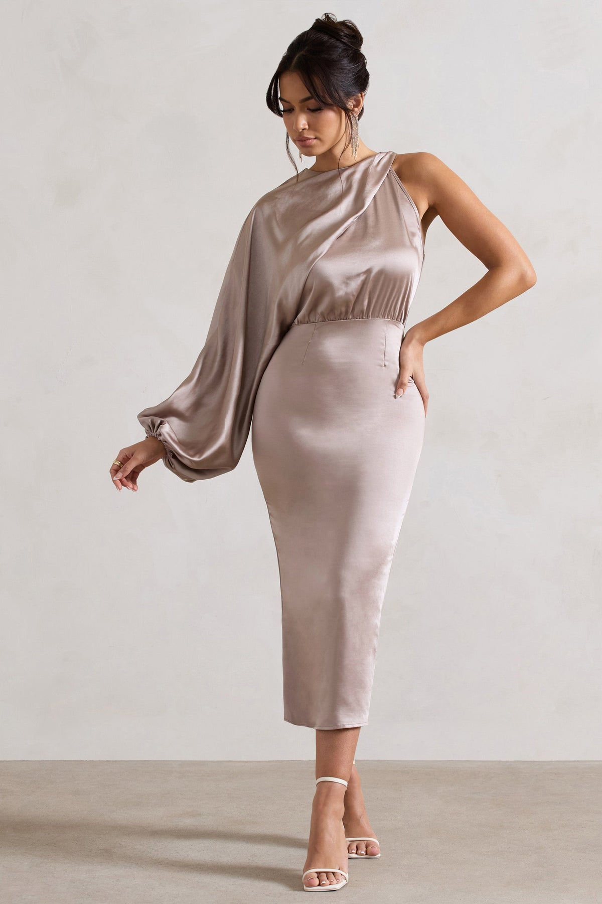 Nola Taupe Satin One-Sleeve Midi Dress Club L London - USA Nola Taupe Satin One-Sleeve Midi Dress Club L London - USA