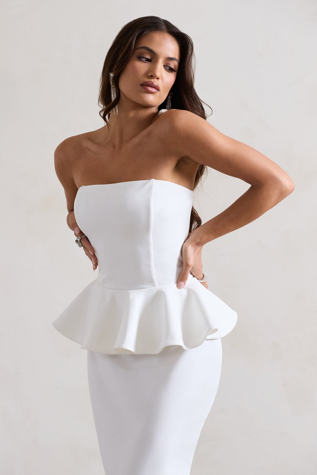 Chicago | White Bodycon Bandeau Midi Dress With Peplum Detail