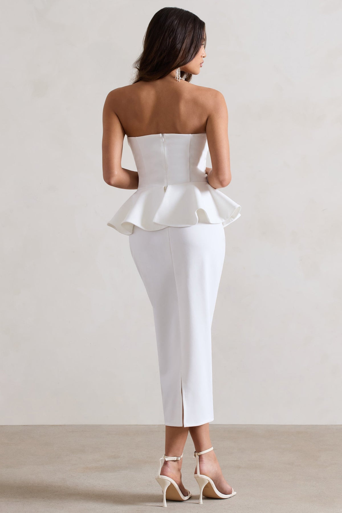 Chicago | White Bodycon Bandeau Midi Dress With Peplum Detail