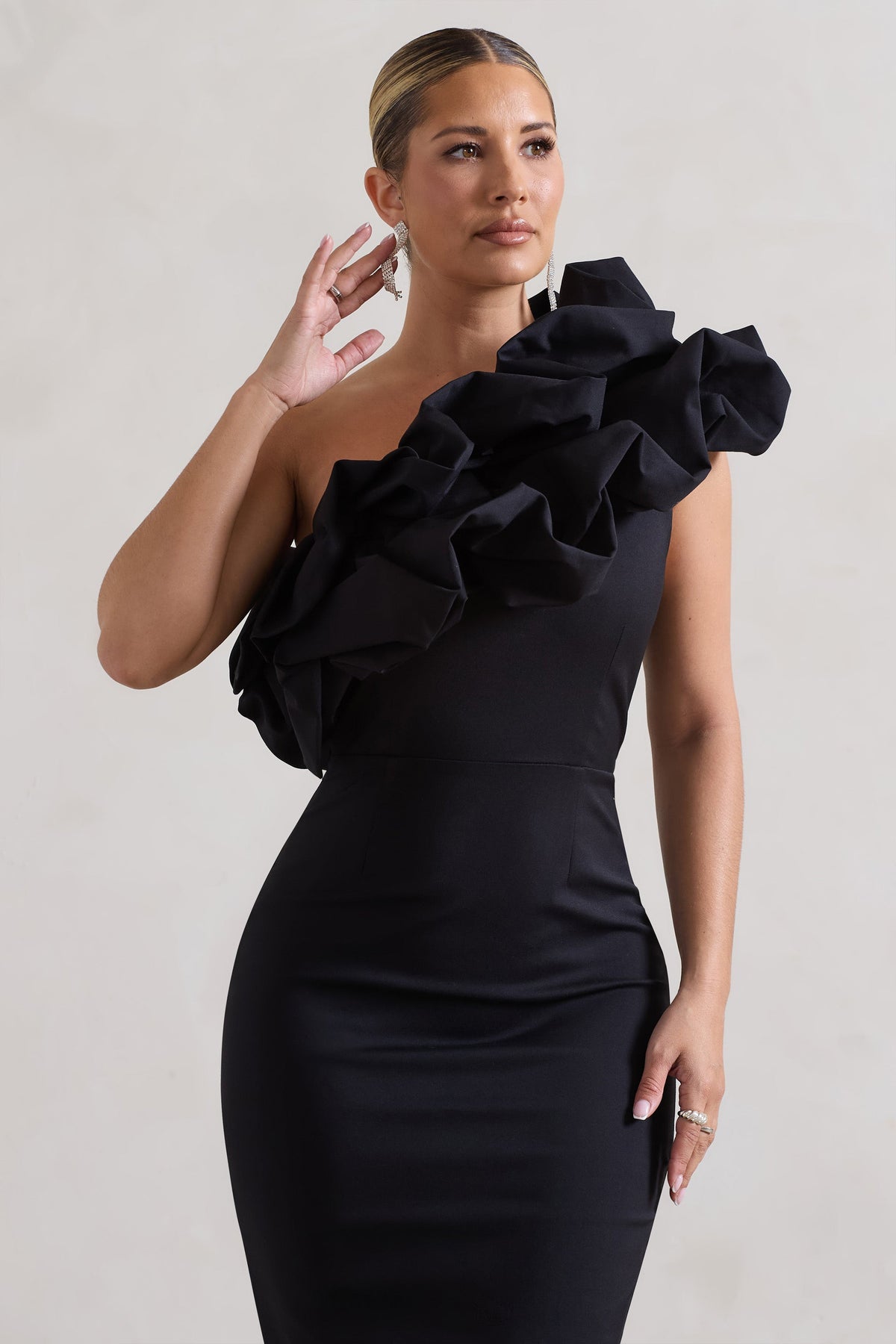 Orchestra Black Asymmetric Ruffled Midi Dress – Club L London - USA