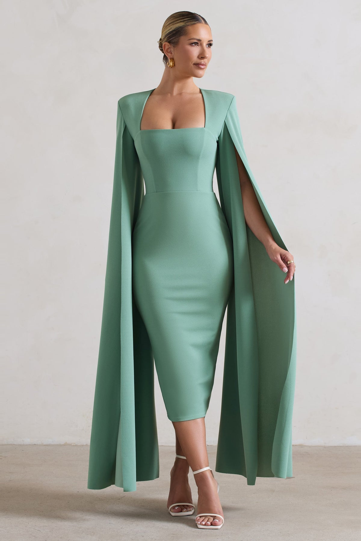 No Replacement | Sage Green Square-Neck Cape-Sleeve Midi Dress