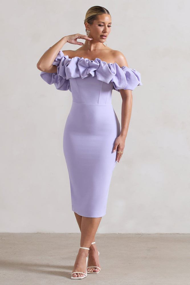Amie | Lilac Structured Ruffle Bardot Midi Dress