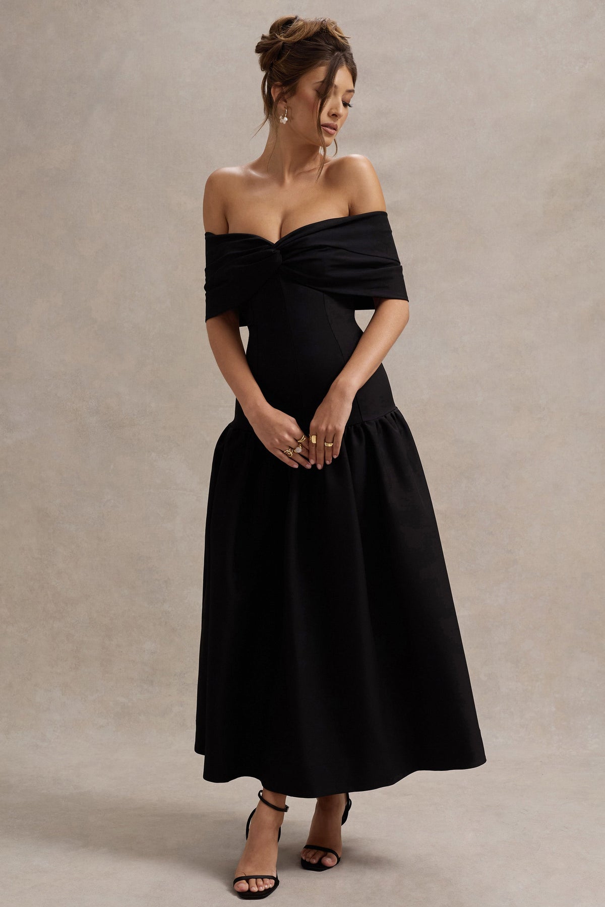 Marguerite | Black Twisted Bardot Drop-Waist Maxi Dress - Club L London - USA