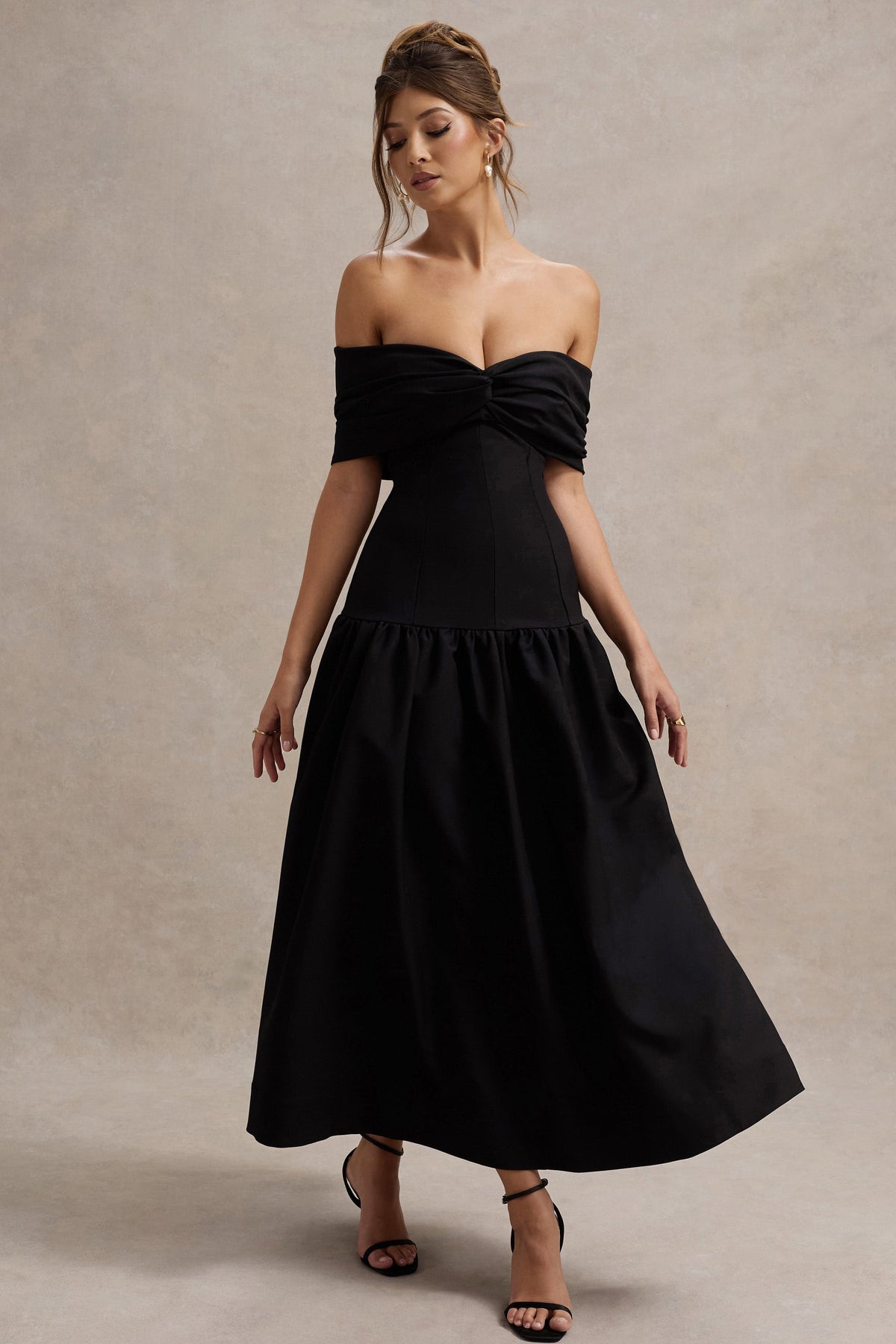 Marguerite | Black Twisted Bardot Drop-Waist Maxi Dress