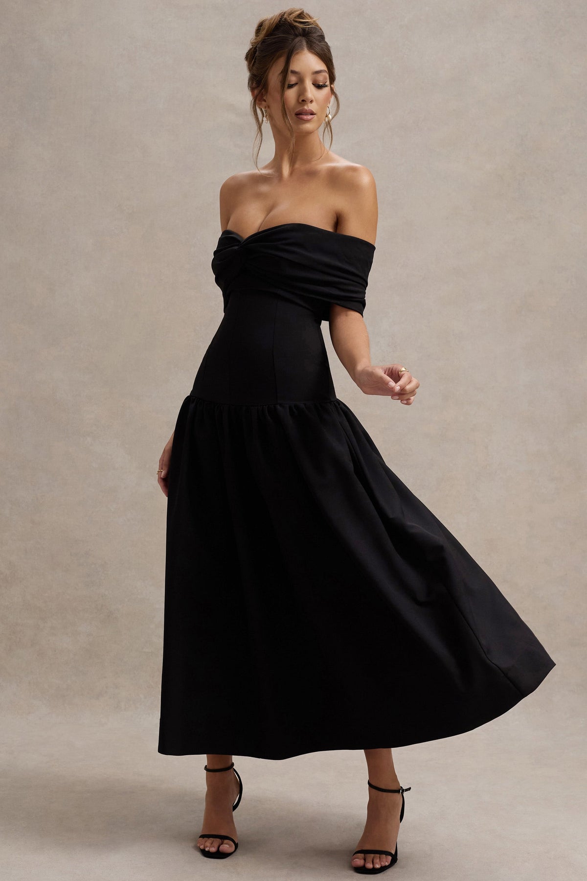 Marguerite | Black Twisted Bardot Drop-Waist Maxi Dress