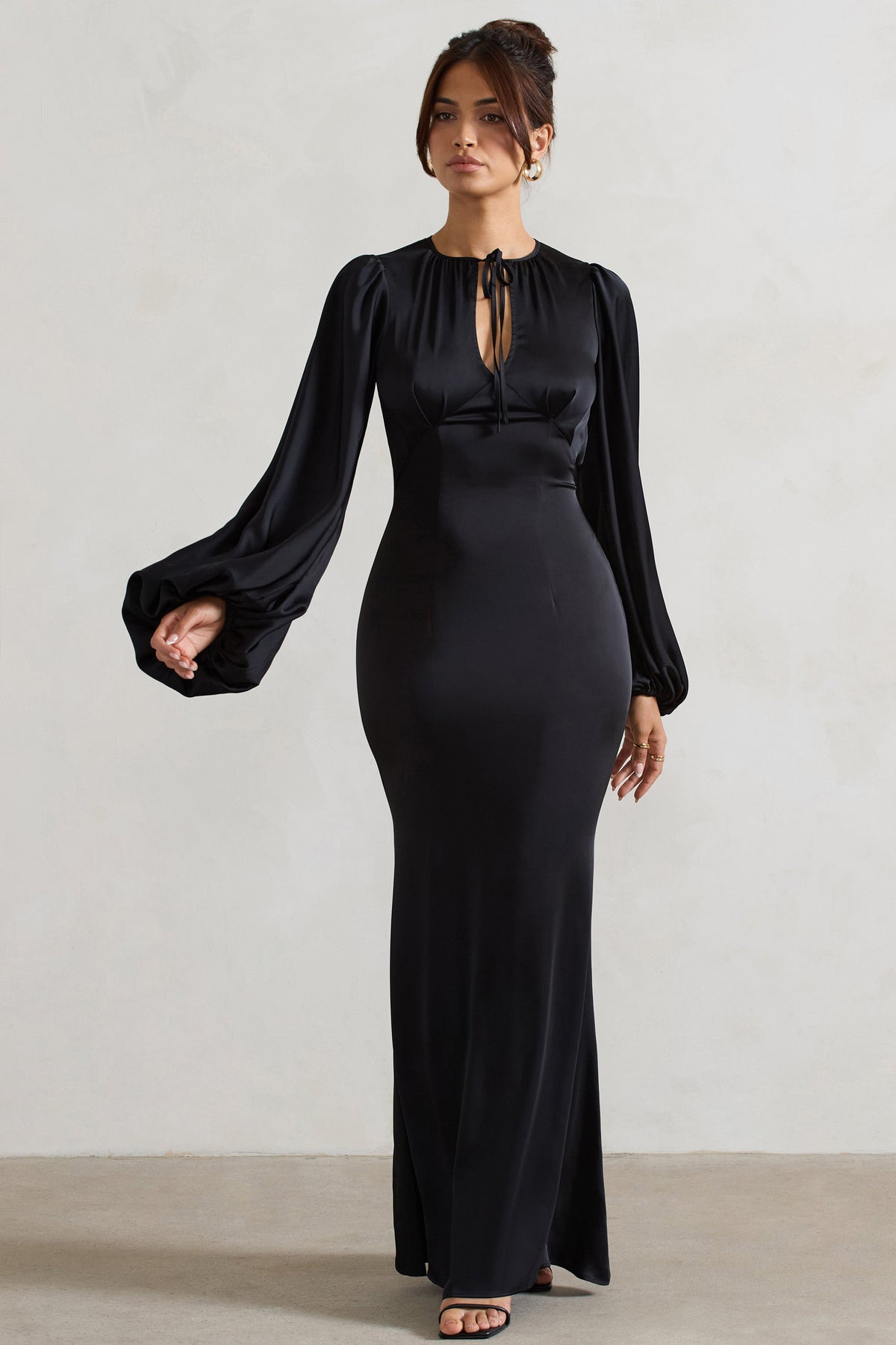 Wild Rose | Black Satin Puff-Sleeve Cut-Out Maxi Dress