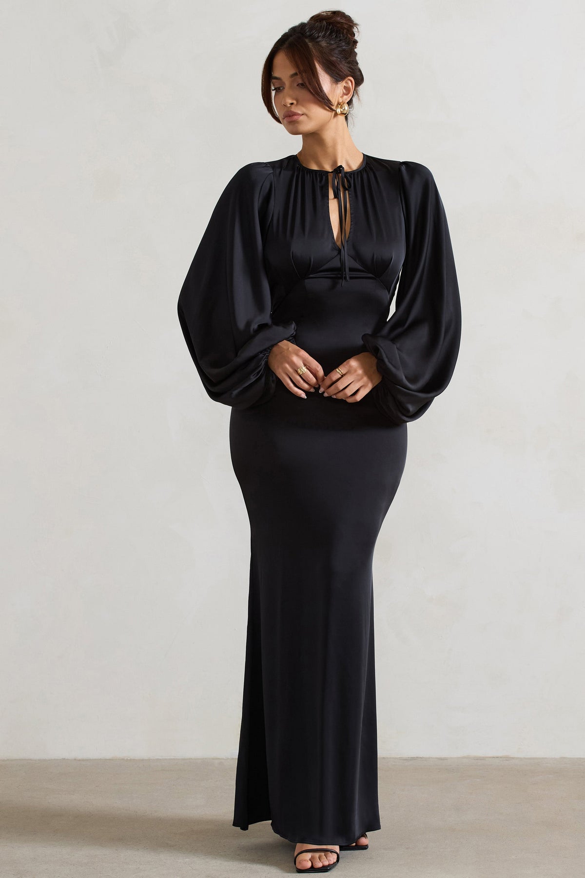 Wild Rose | Black Satin Puff-Sleeve Cut-Out Maxi Dress