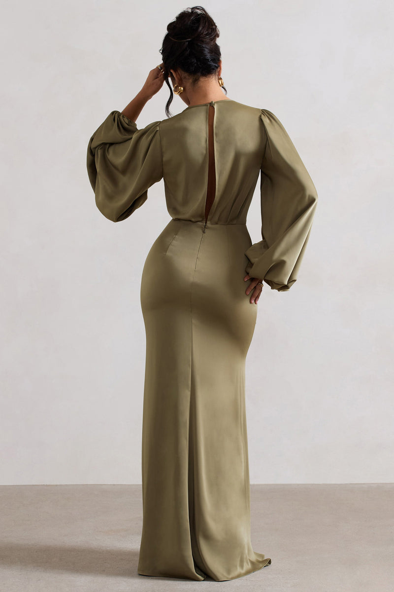 Wild Rose Olive Satin Puff-Sleeve Cut-Out Maxi Dress – Club L London - USA