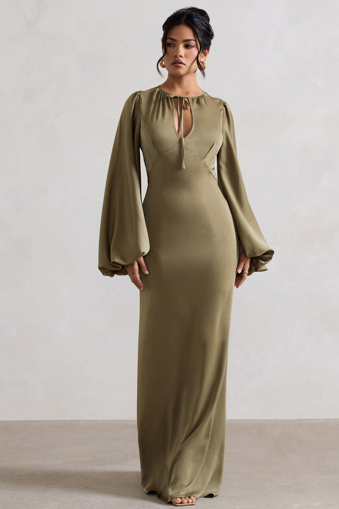 Wild Rose Olive Satin Puff-Sleeve Cut-Out Maxi Dress – Club L London - USA