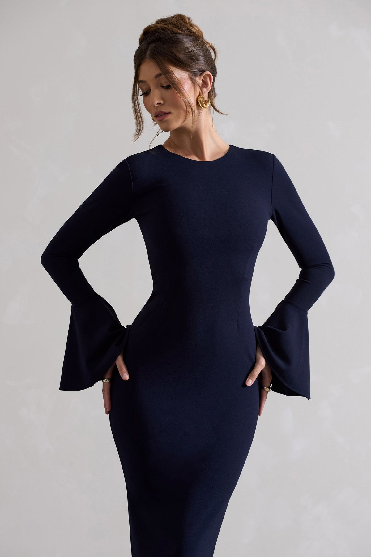 Rhyanne Navy Bodycon Flared-Sleeve Midi Dress – Club L London - USA