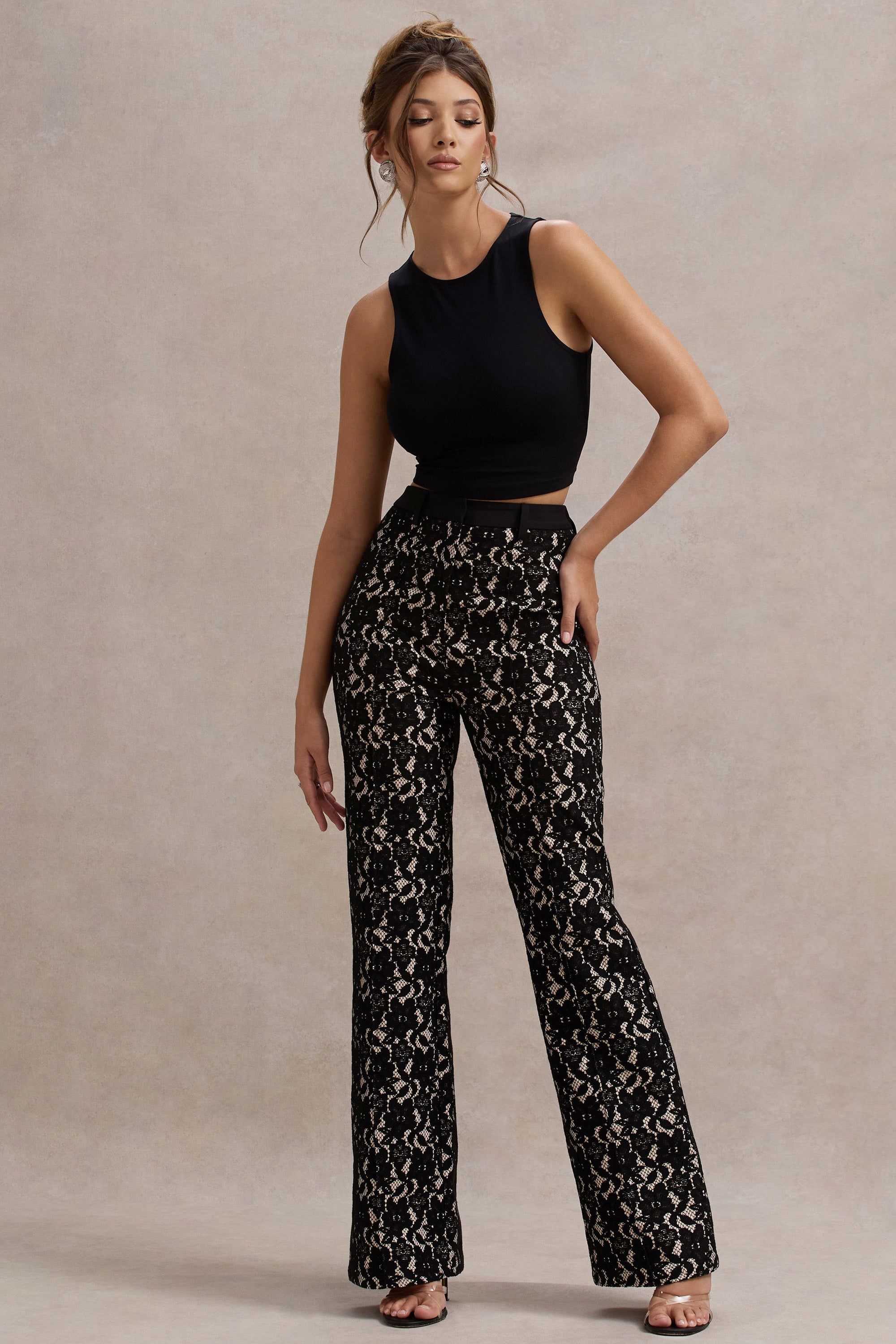Jordanne | Black Lace Flared-Leg Trousers - Club L London - USA