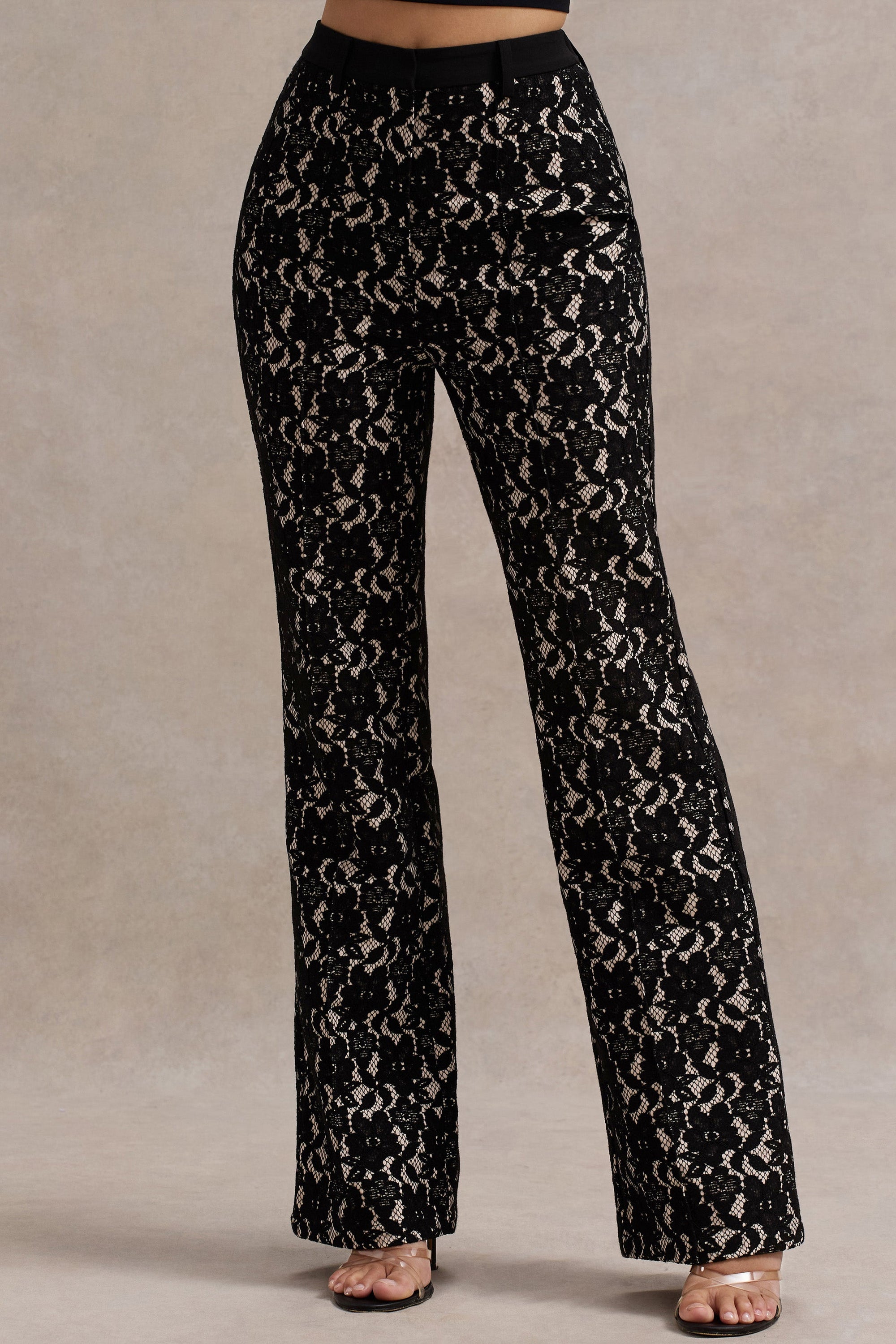 Jordanne | Black Lace Flared-Leg Trousers - Club L London - USA