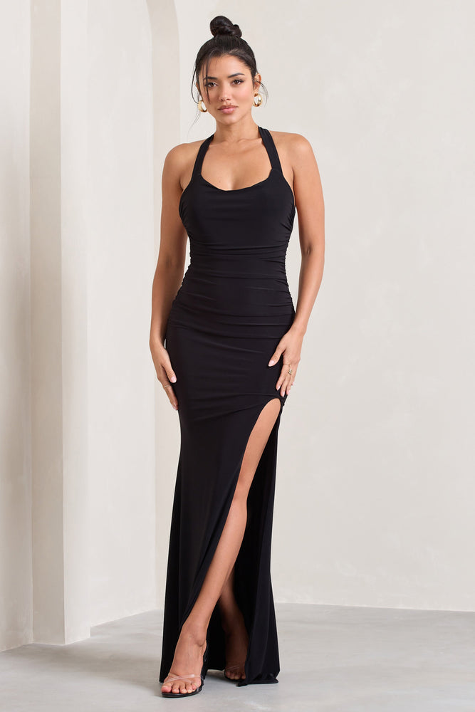 Eleonor Midi Dress - Halter Neck Bust Gathering Tulle Dress in Black