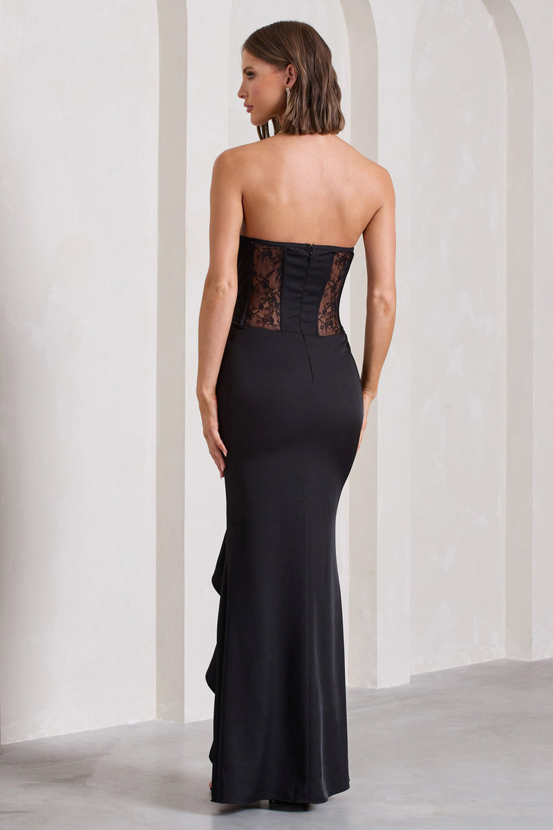 Attention Please Black Strapless Lace Panelled Corset Split Maxi Dre – Club L London - USA