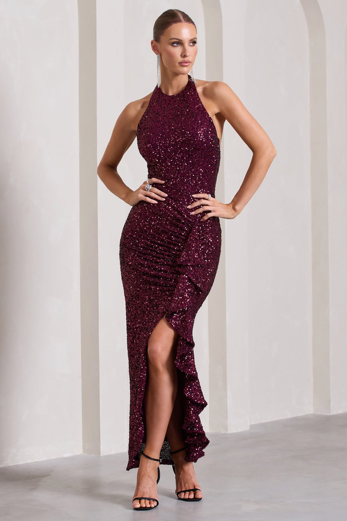 Under The Stars | Plum Sequin High-Neck Open-Back Maxi Dress With Drape