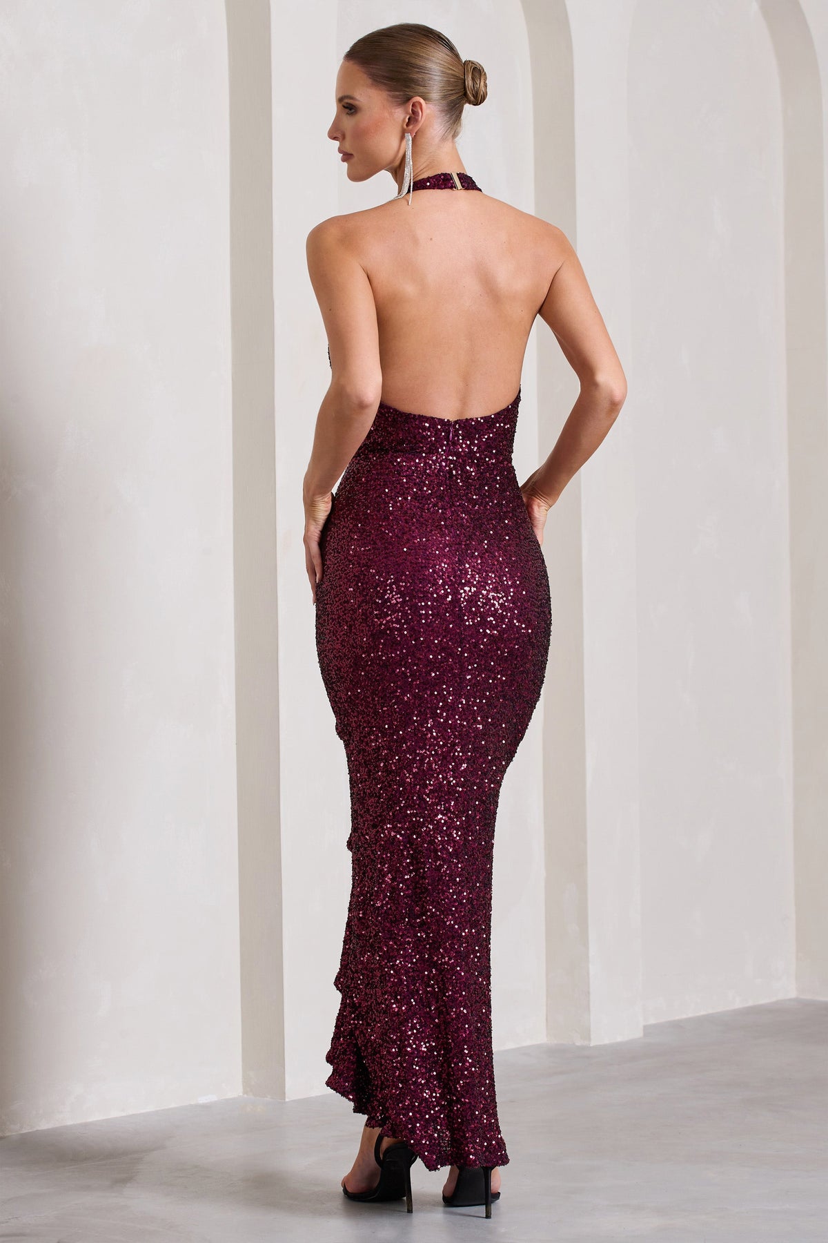 Under The Stars | Plum Sequin High-Neck Open-Back Maxi Dress With Drape