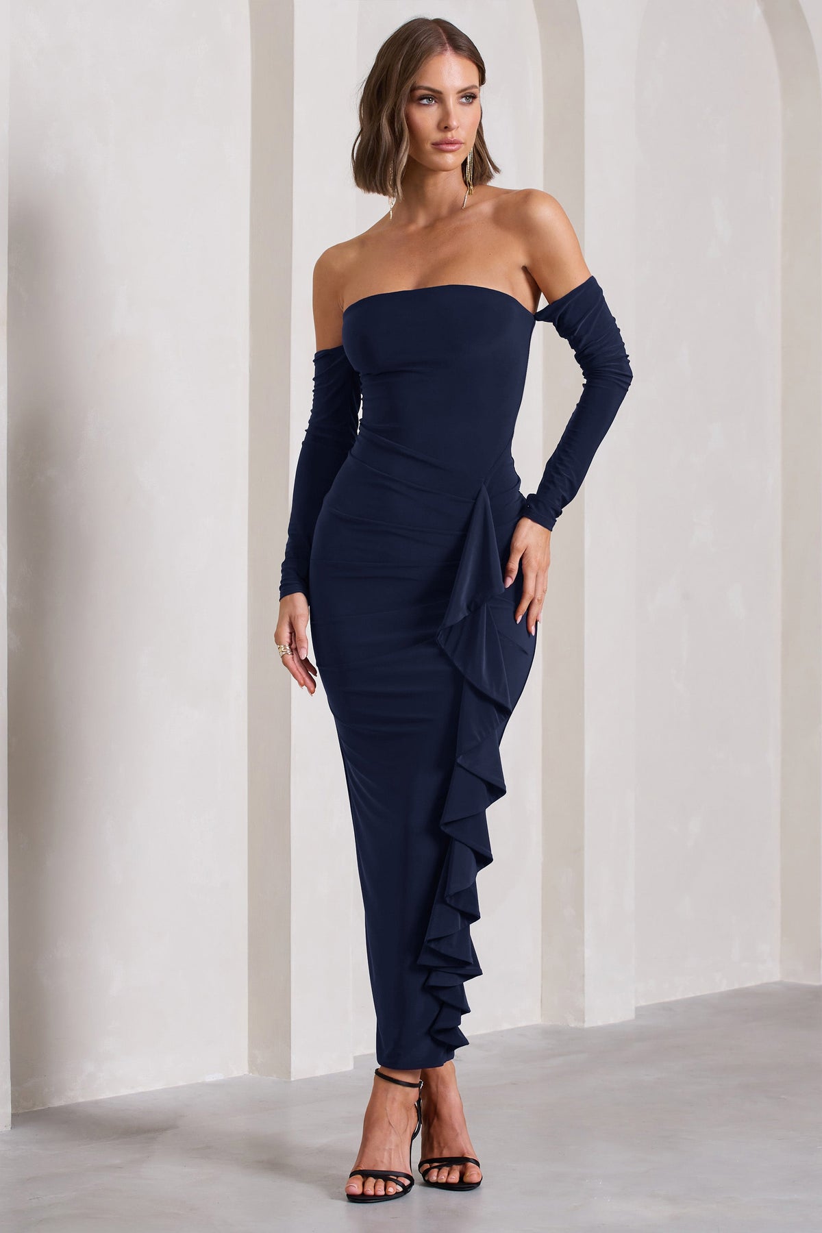 Montana | Navy Bardot Ruffle Maxi Dress