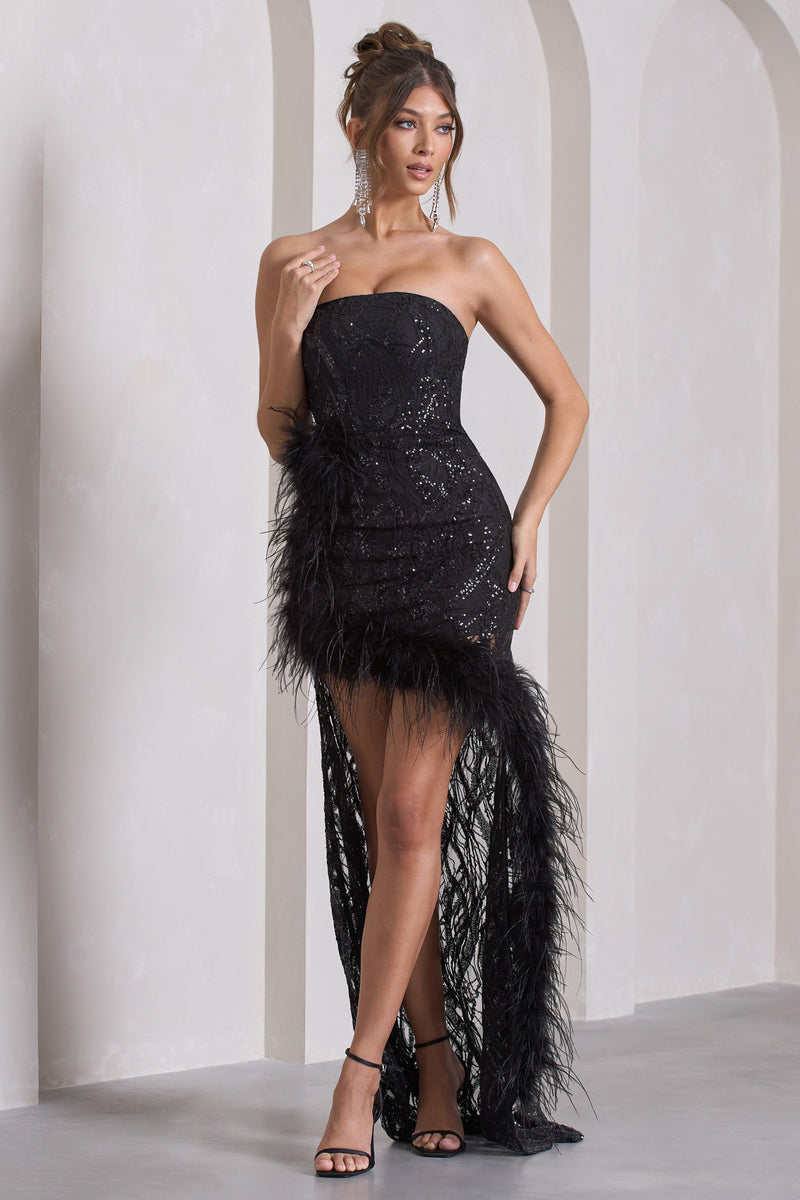 Down The Line Black Sequin Bandeau Split Maxi Dress With Feather Tri ...