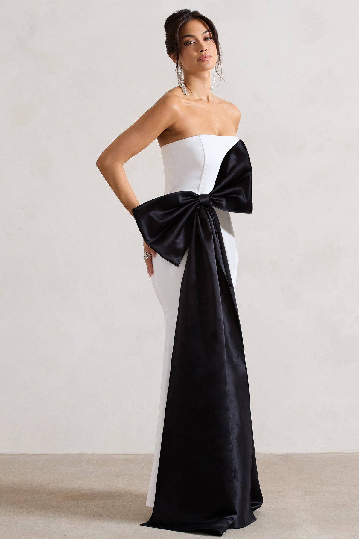 Sincerely White Bandeau Split Maxi Dress With Oversized Black Bow 