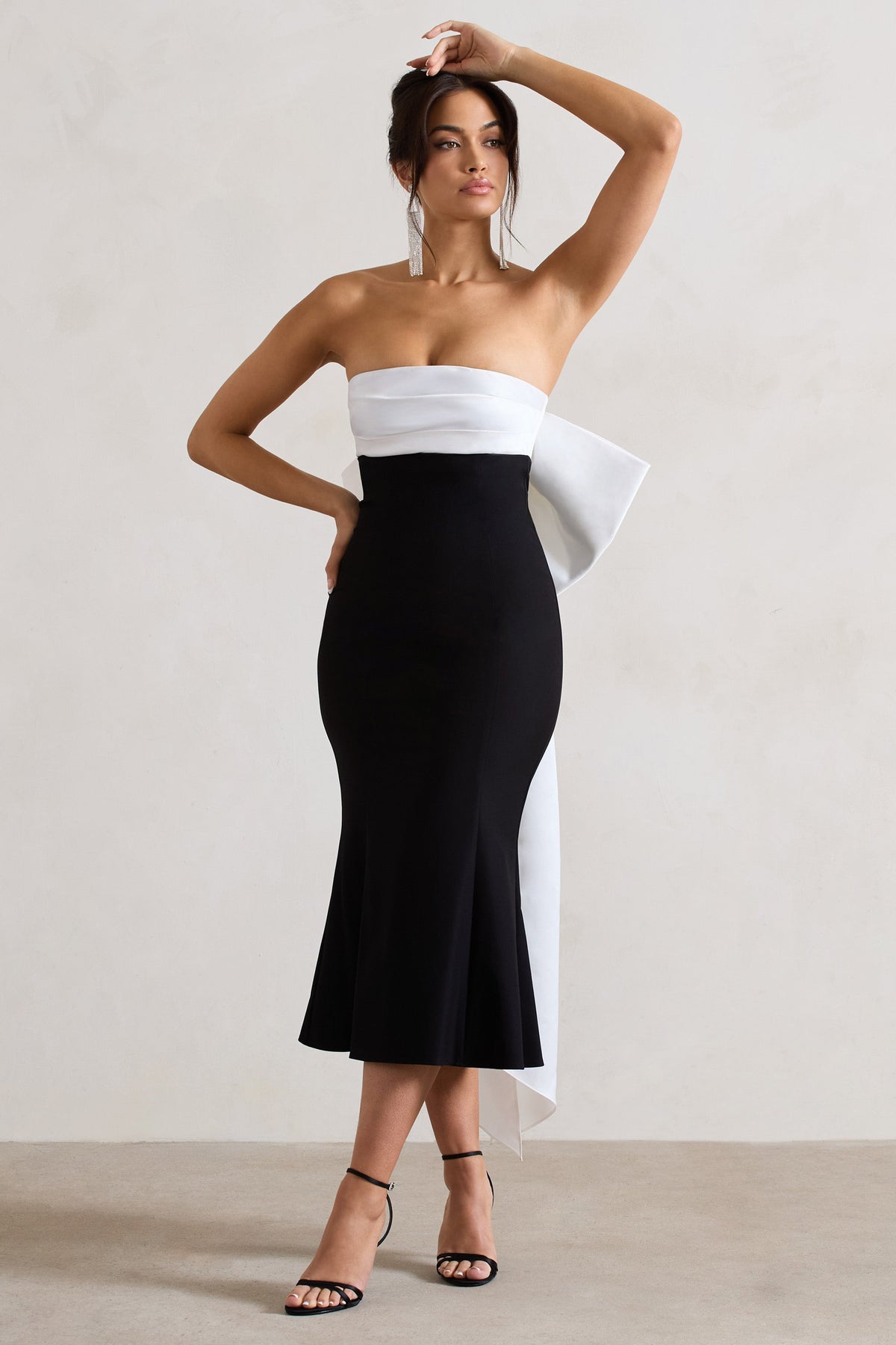 Club L London UK Wishlist Black Bandeau Midi Dress with Oversized White Bow UK 10 Black