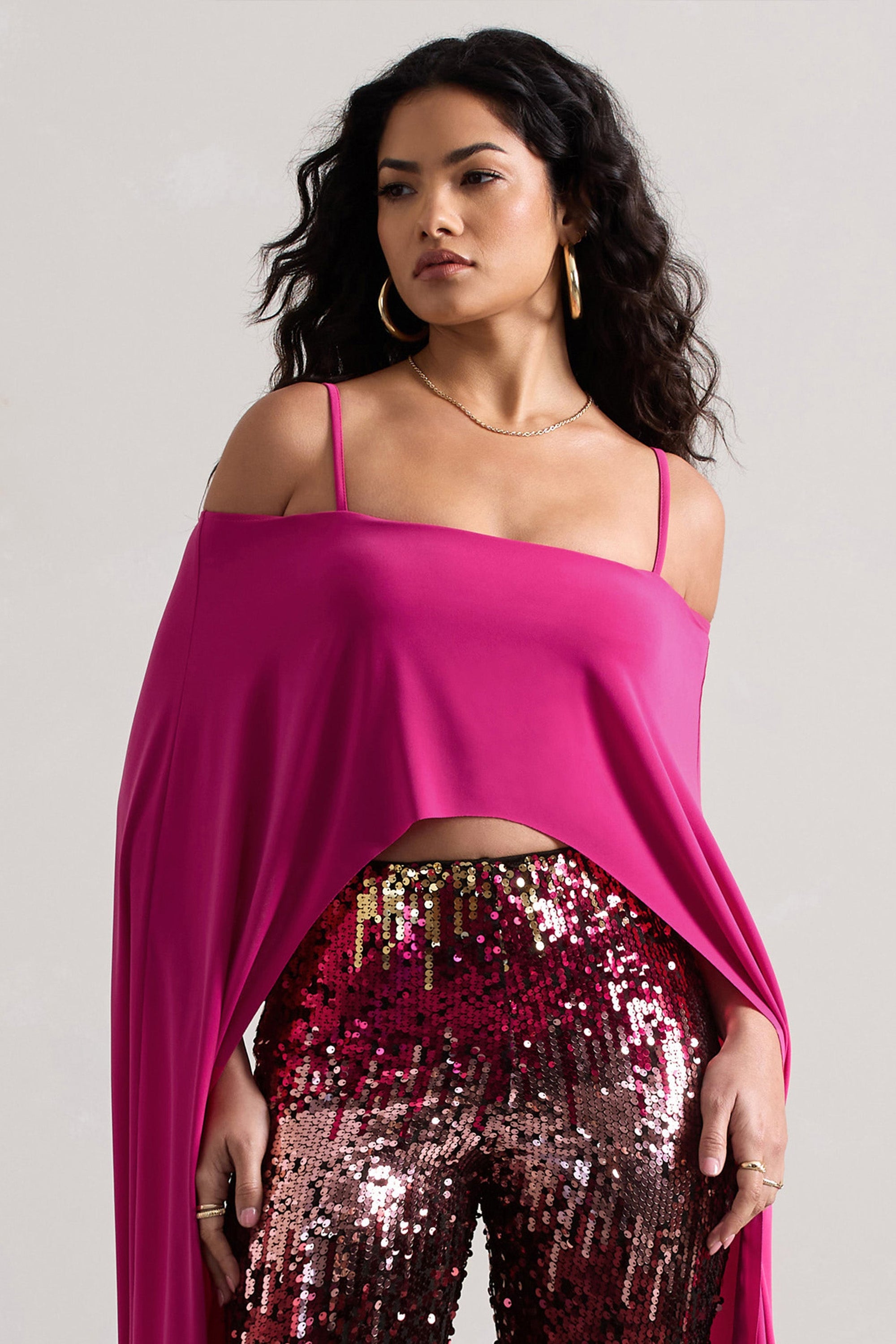Floyd | Dark Pink Bardot Cape Sleeve Crop Top - Club L London - USA