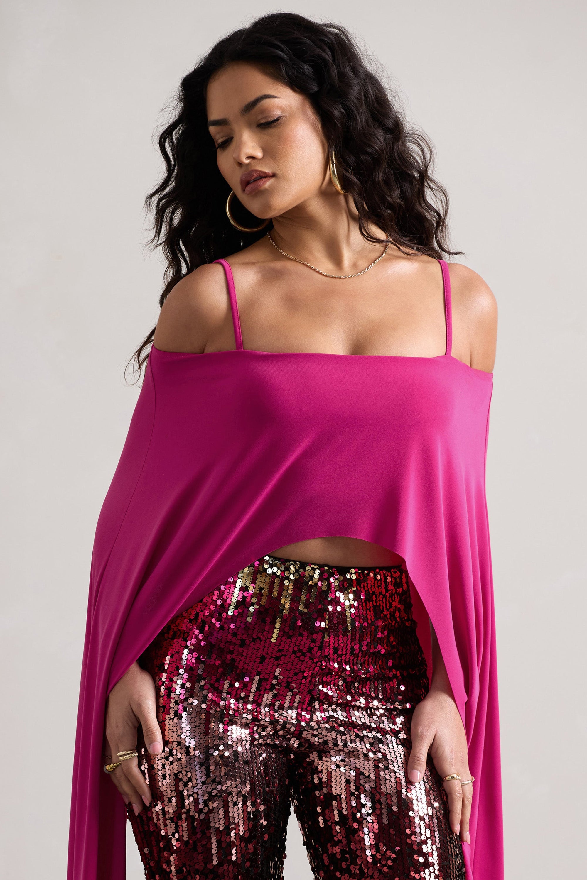 Floyd | Dark Pink Bardot Cape Sleeve Crop Top - Club L London - USA