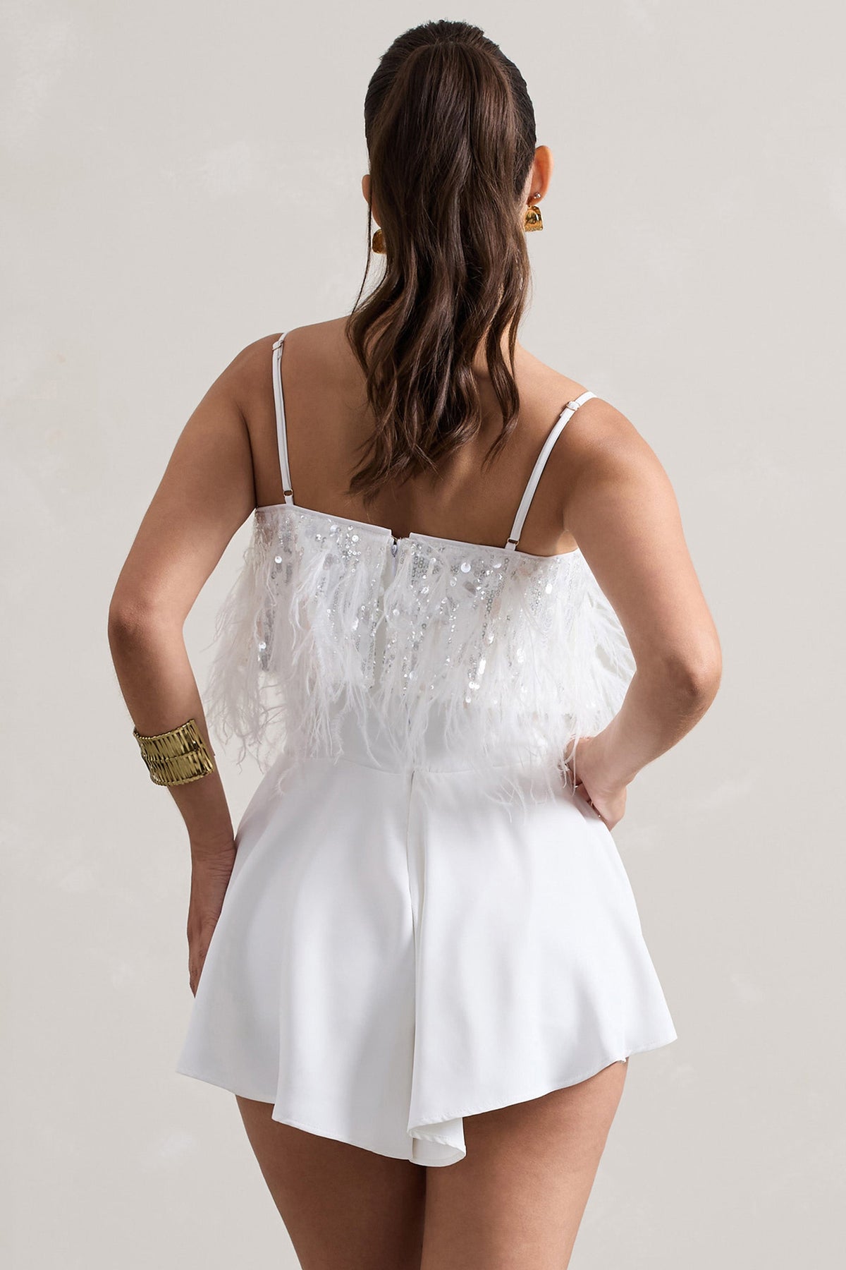 Zeppelin | White Embellished Strappy Playsuit With Feathers