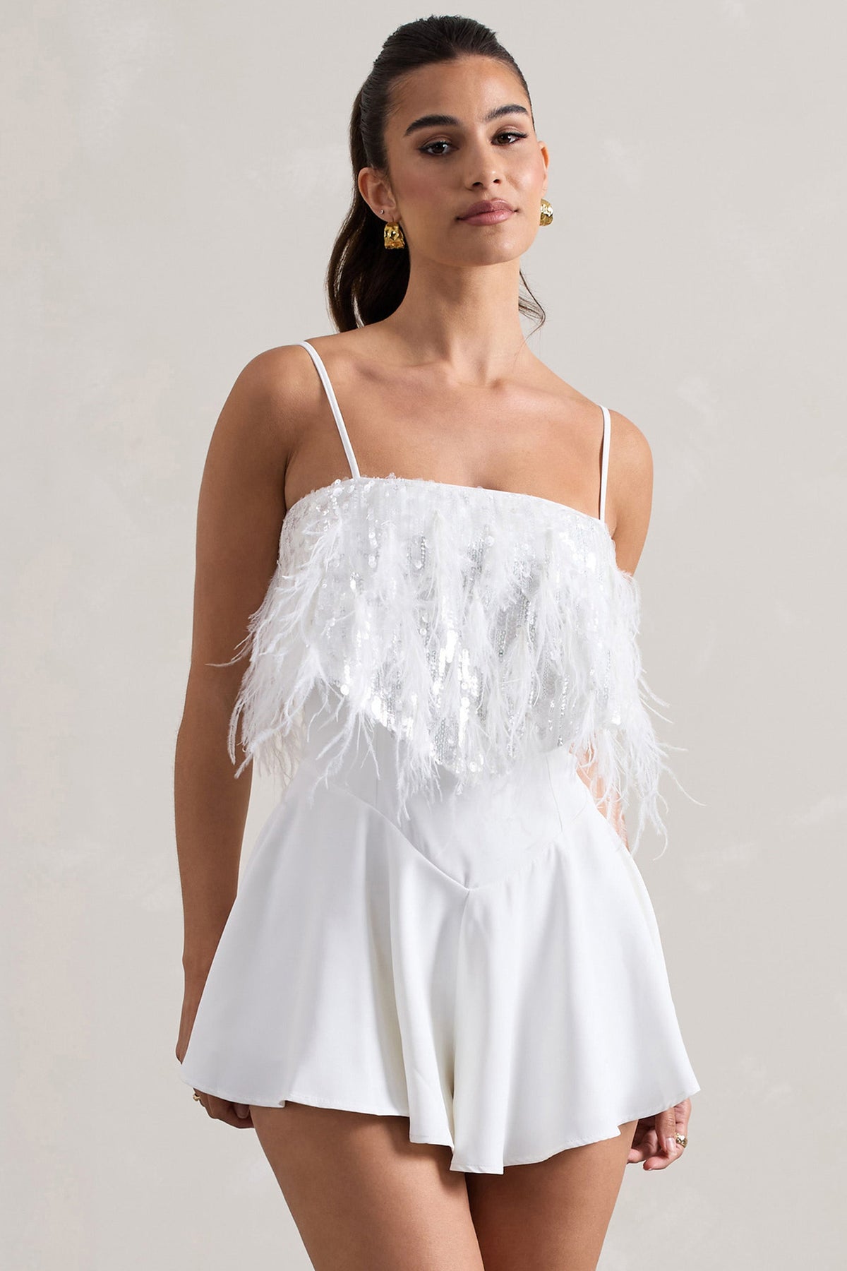 Zeppelin | White Embellished Strappy Playsuit With Feathers