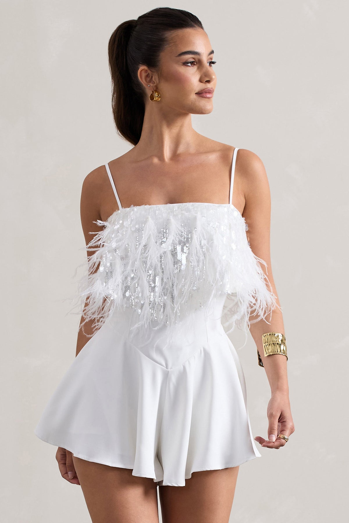 Zeppelin | White Embellished Strappy Playsuit With Feathers