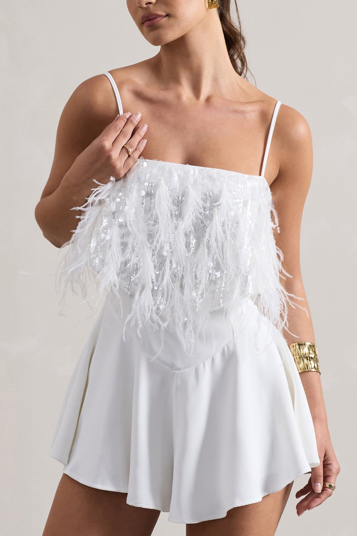 Zeppelin | White Embellished Strappy Playsuit With Feathers