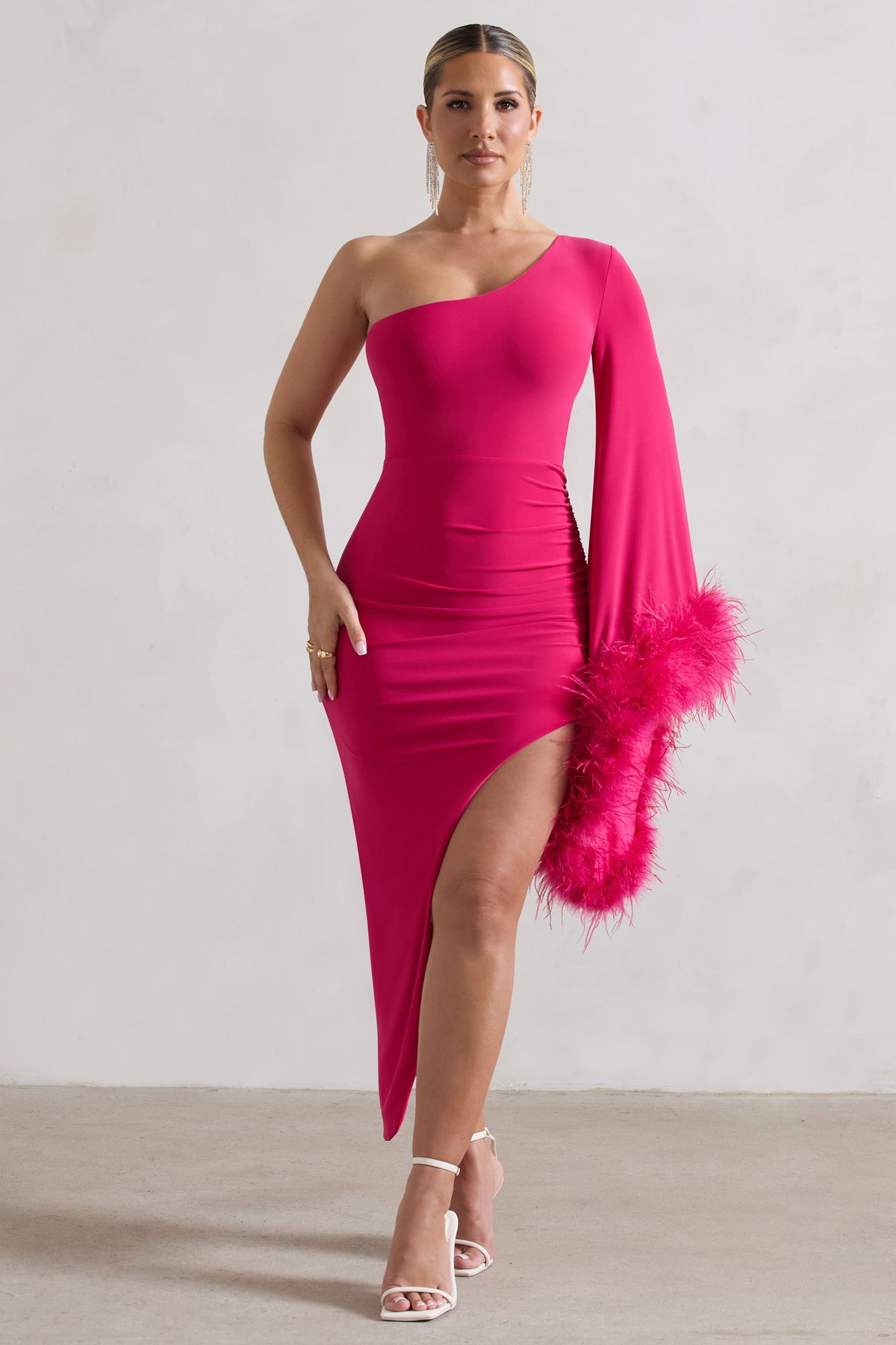 July Dark Pink Asymmetric One Shoulder Cape Midi Dress With 