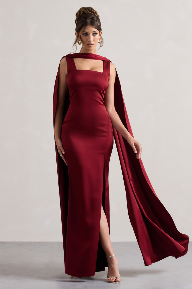 Intuition Burgundy Satin Square-Neck Split Maxi Dress With Scarf – Club ...