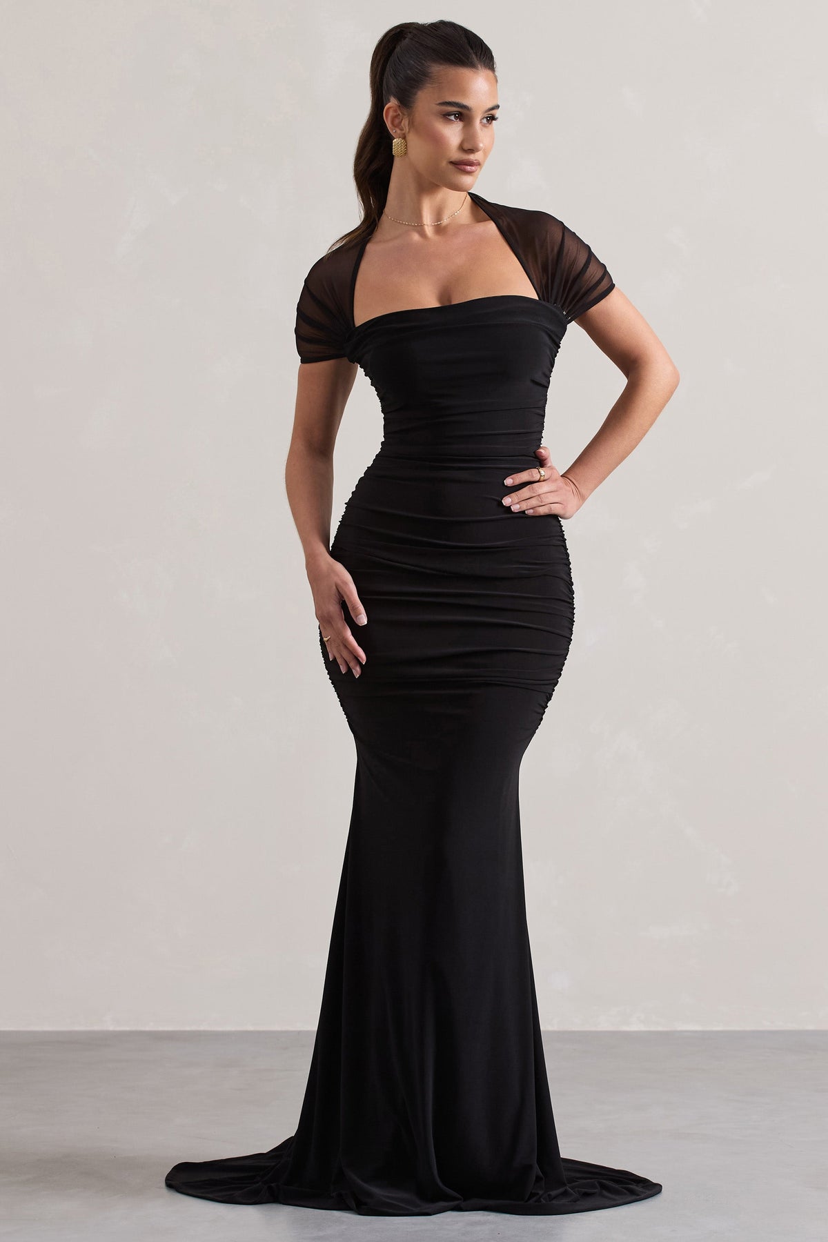 Prophecy Black Fishtail Maxi Dress With Sheer Sleeves – Club L 