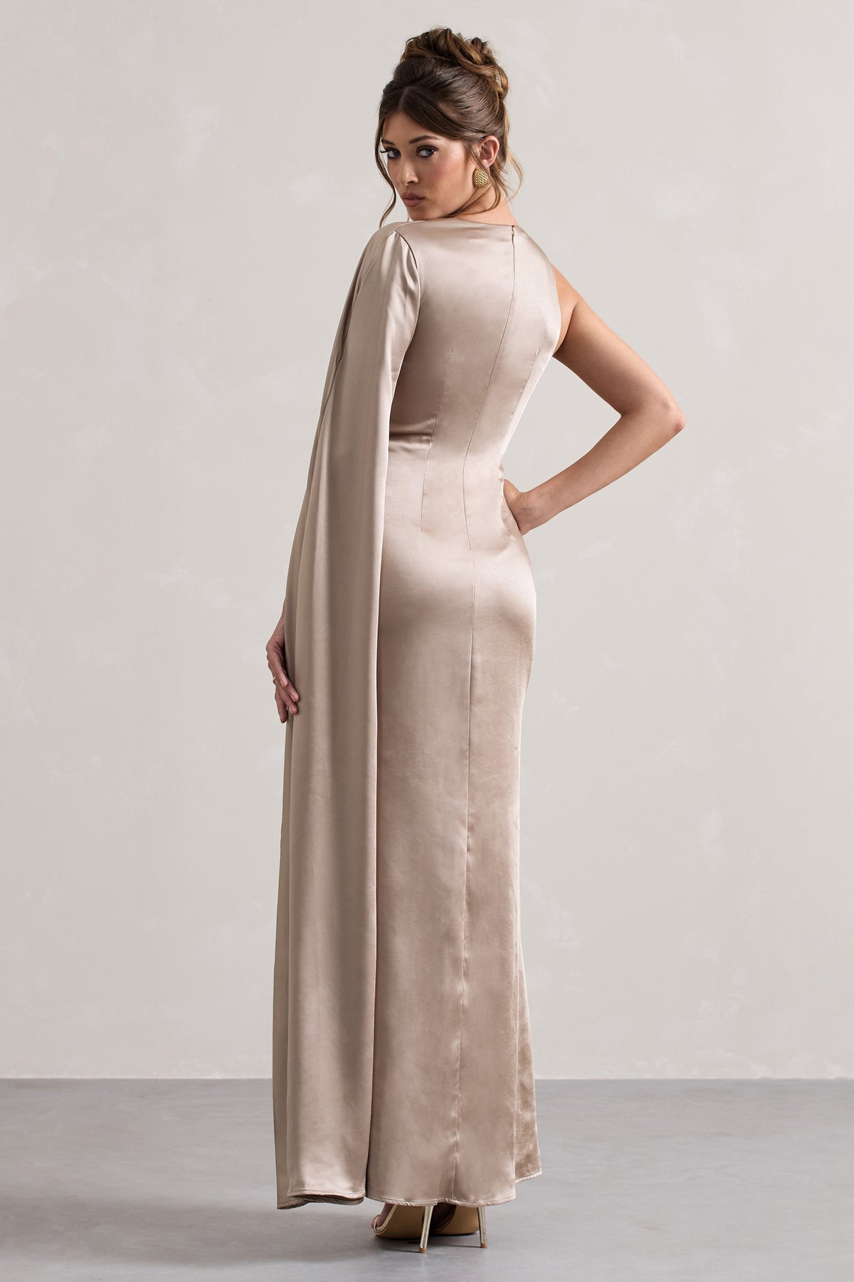 Gala Taupe Satin One-Shoulder Cape Sleeve Split Maxi Dress Club L London - USA Gala Taupe Satin One-Shoulder Cape Sleeve Split Maxi Dress Club L London - USA
